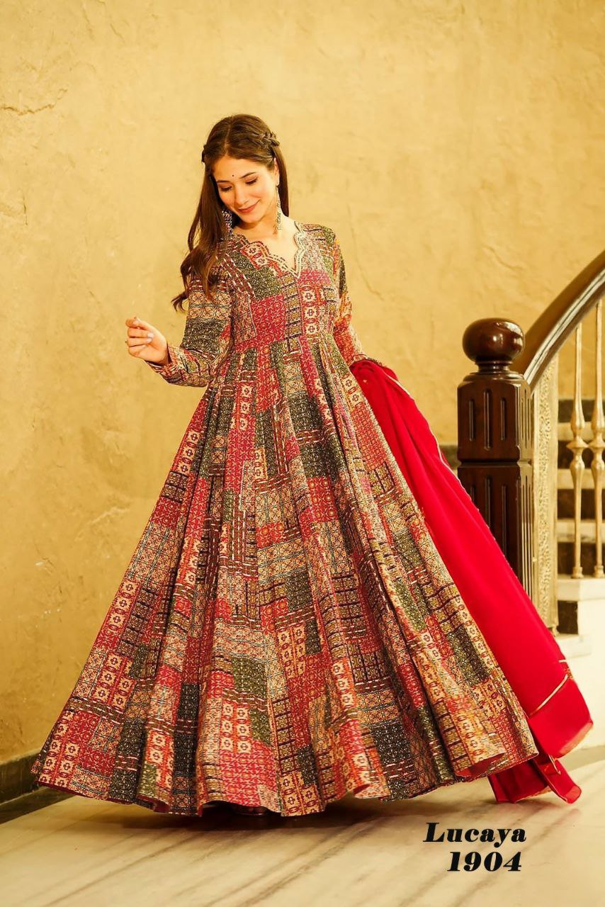 red digital printed gown set for women Anarkali set