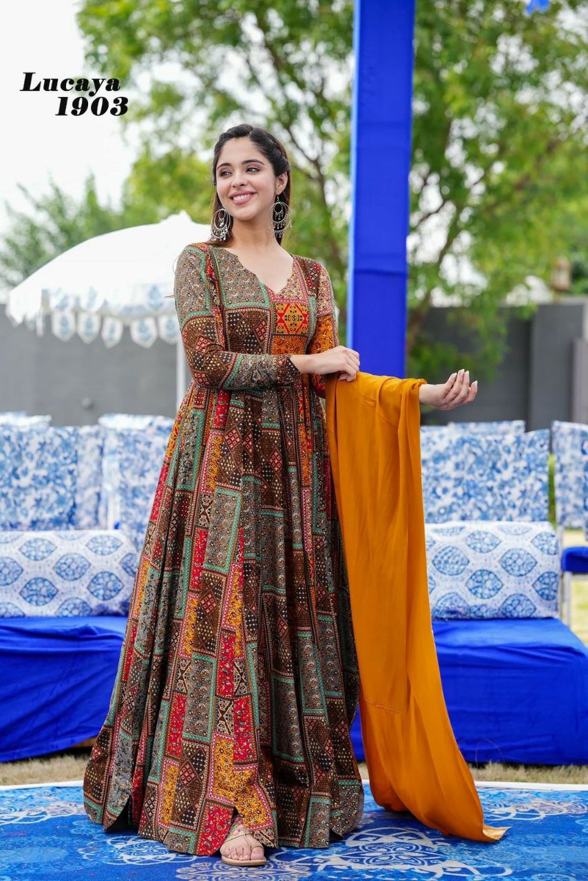 orange digital printed gown set for women Anarkali set