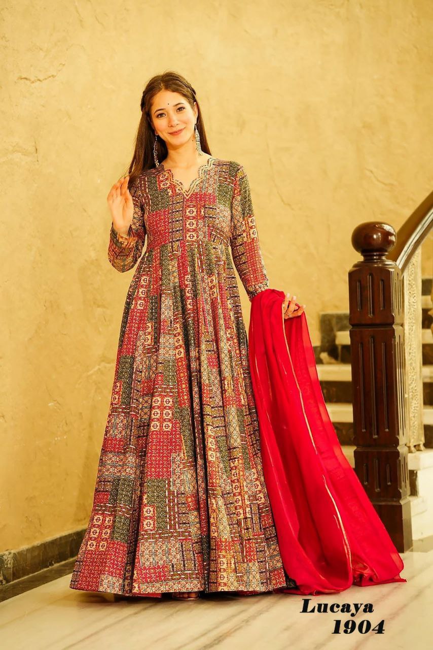 red digital printed gown set for women Anarkali set