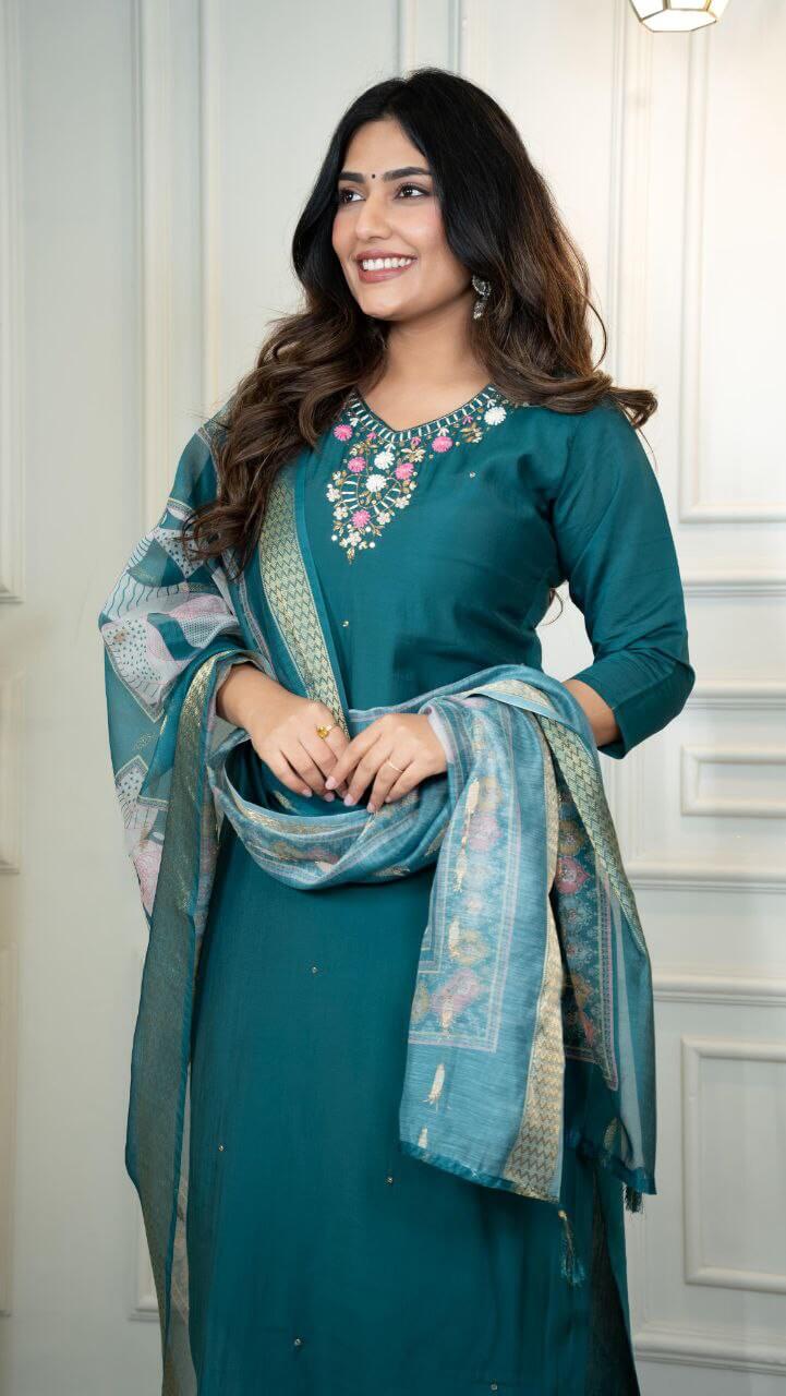 Dark Rama silk kurti Set for Women