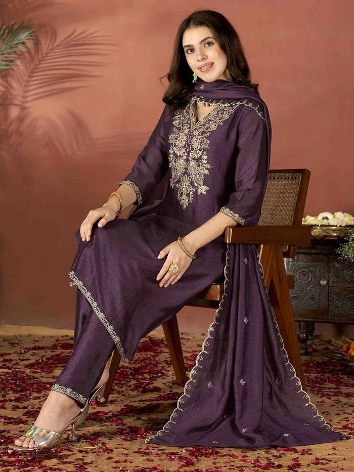 Wine color kurti Set For Women vichitra silk kurti set