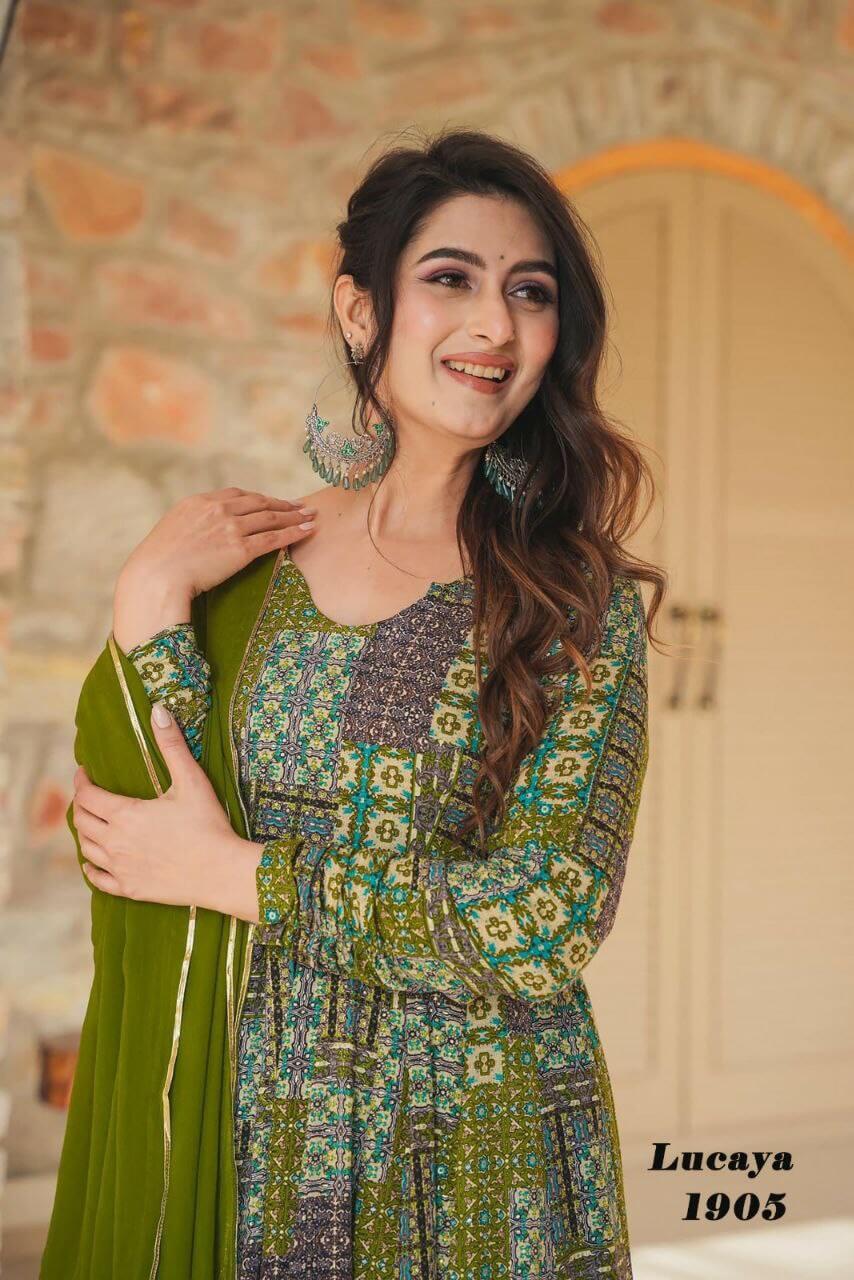 green digital printed gown set for women Anarkali set