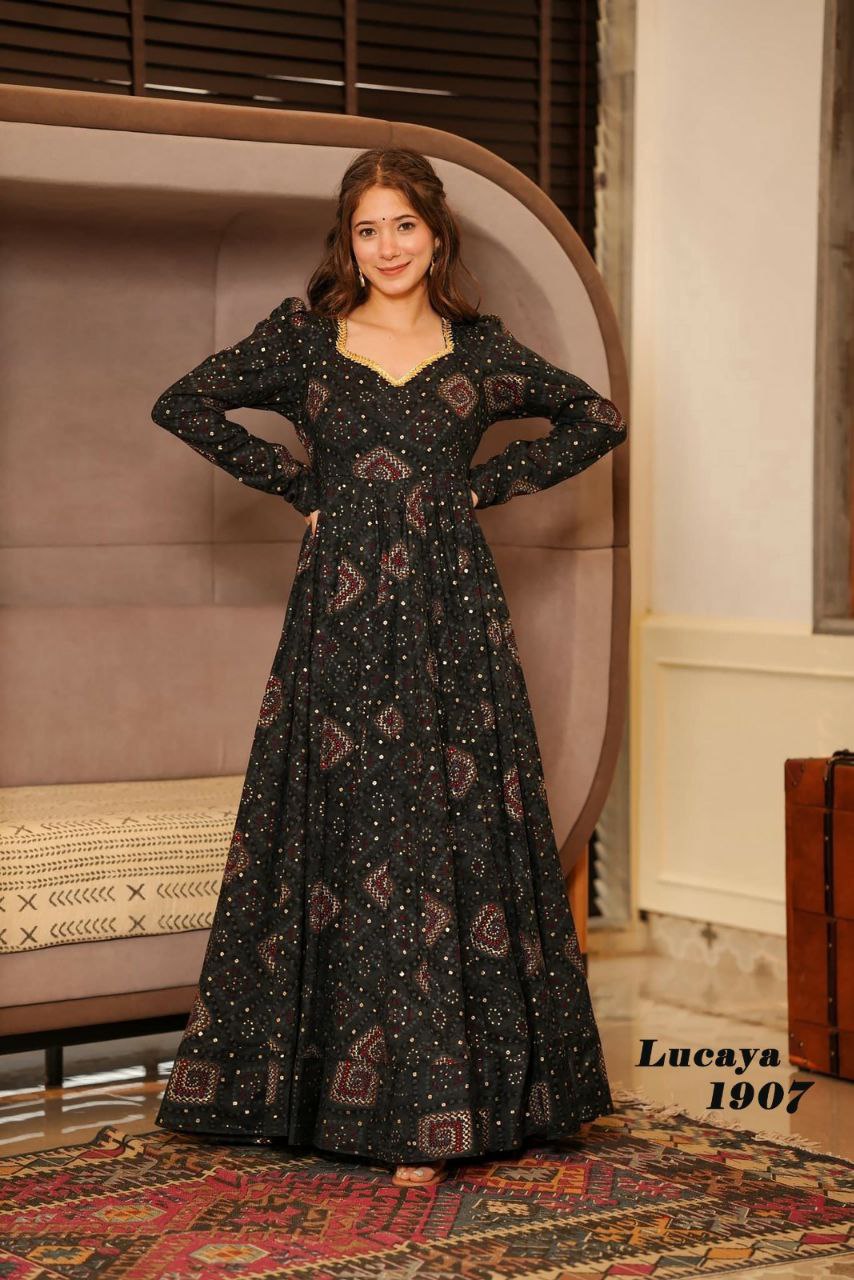 black digital printed gown set for women Anarkali set