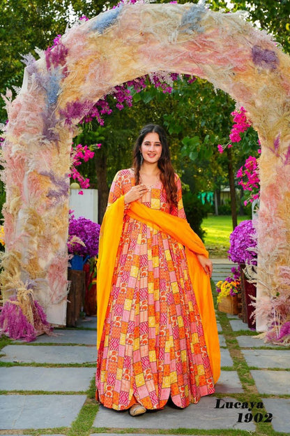 yellow digital printed gown set for women Anarkali set