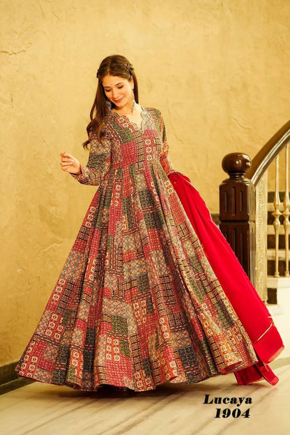 red digital printed gown set for women Anarkali set