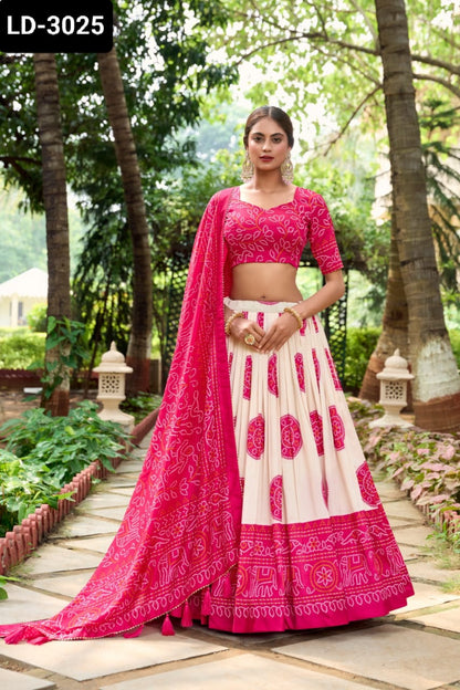 Tussar Lehenga Choli with Bandhej Print