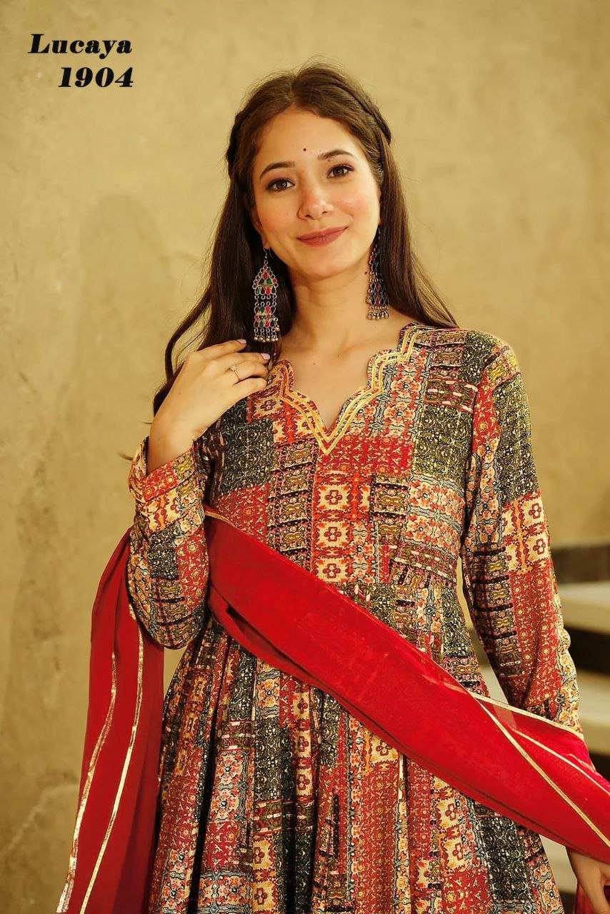 red digital printed gown set for women Anarkali set