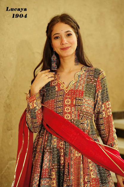 red digital printed gown set for women Anarkali set