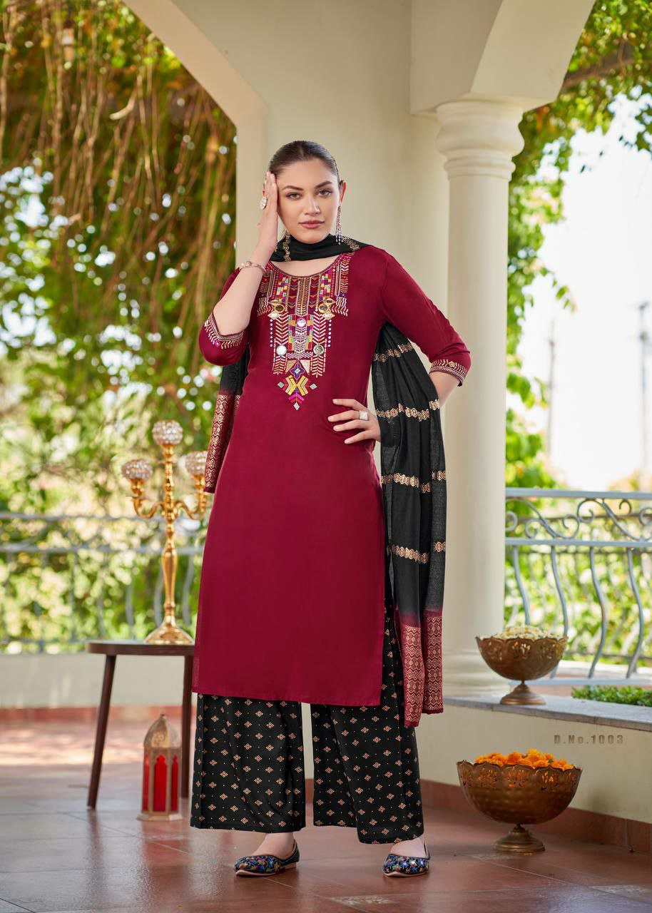 meroon kurti set for women kurti pant dupatta 