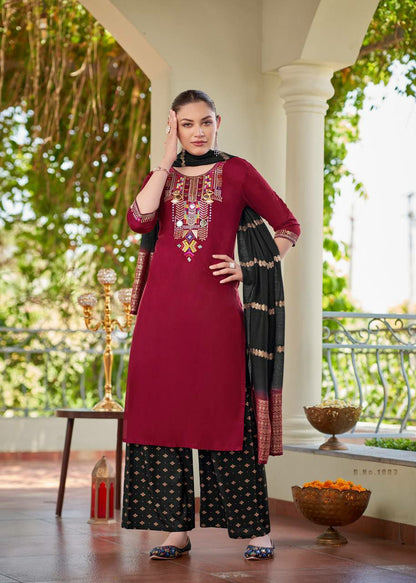 meroon kurti set for women kurti pant dupatta 