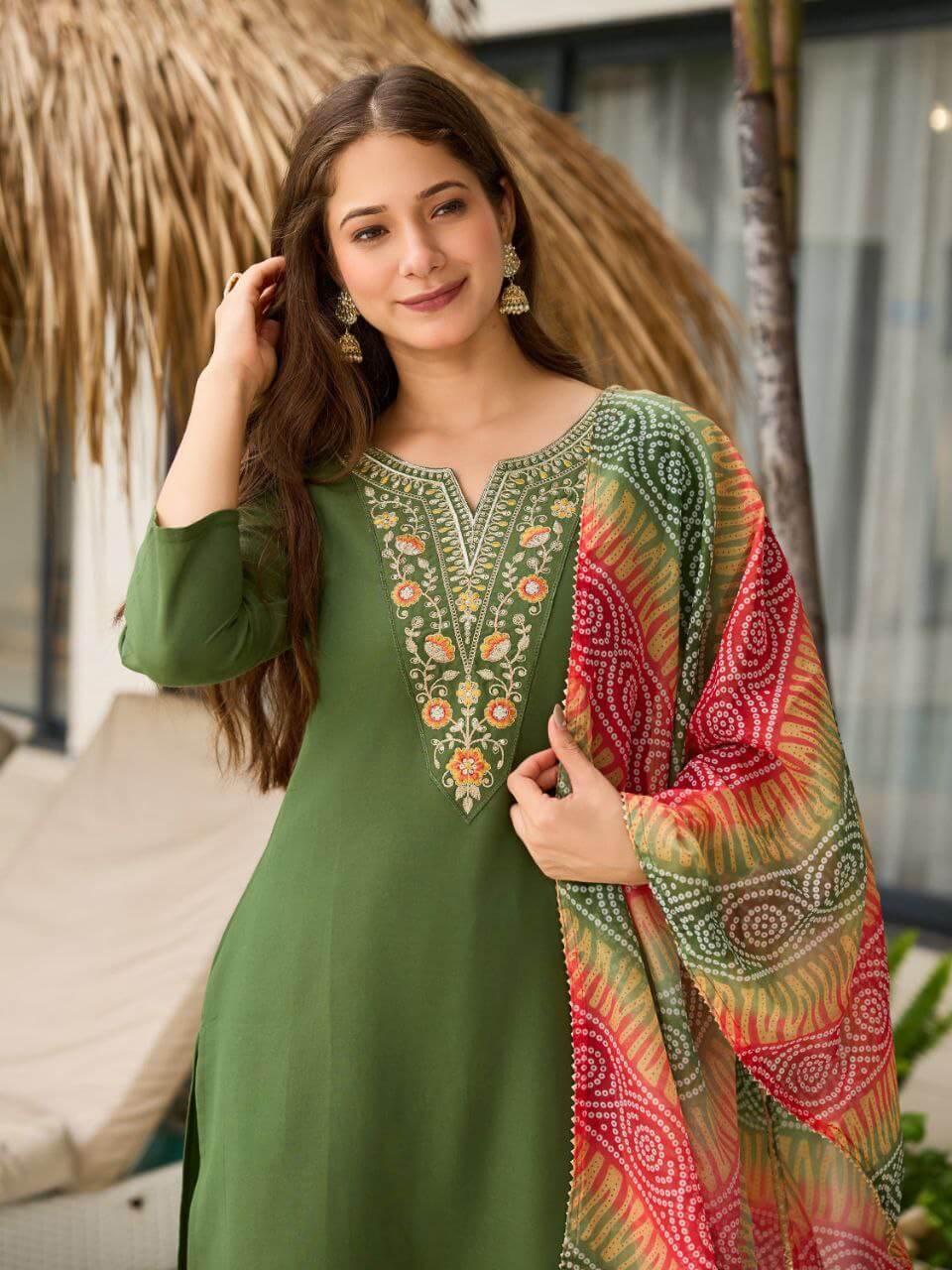 Green Kurti Set in Pure Viscose Rayon with Embroidery