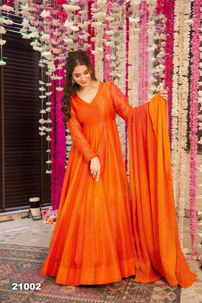 orange gown with dupatta for women tranding gown set
