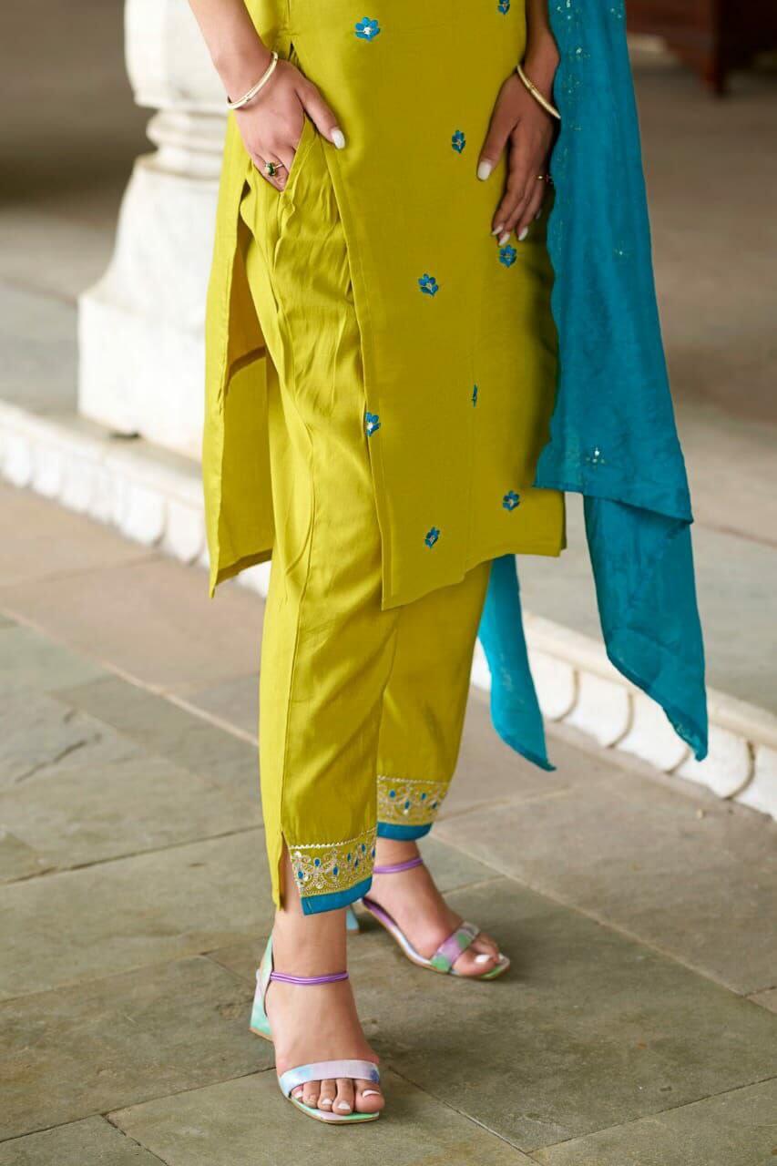 Stylish kurti set for women featuring a vibrant yellow kurti and matching pants with intricate embroidery detail.