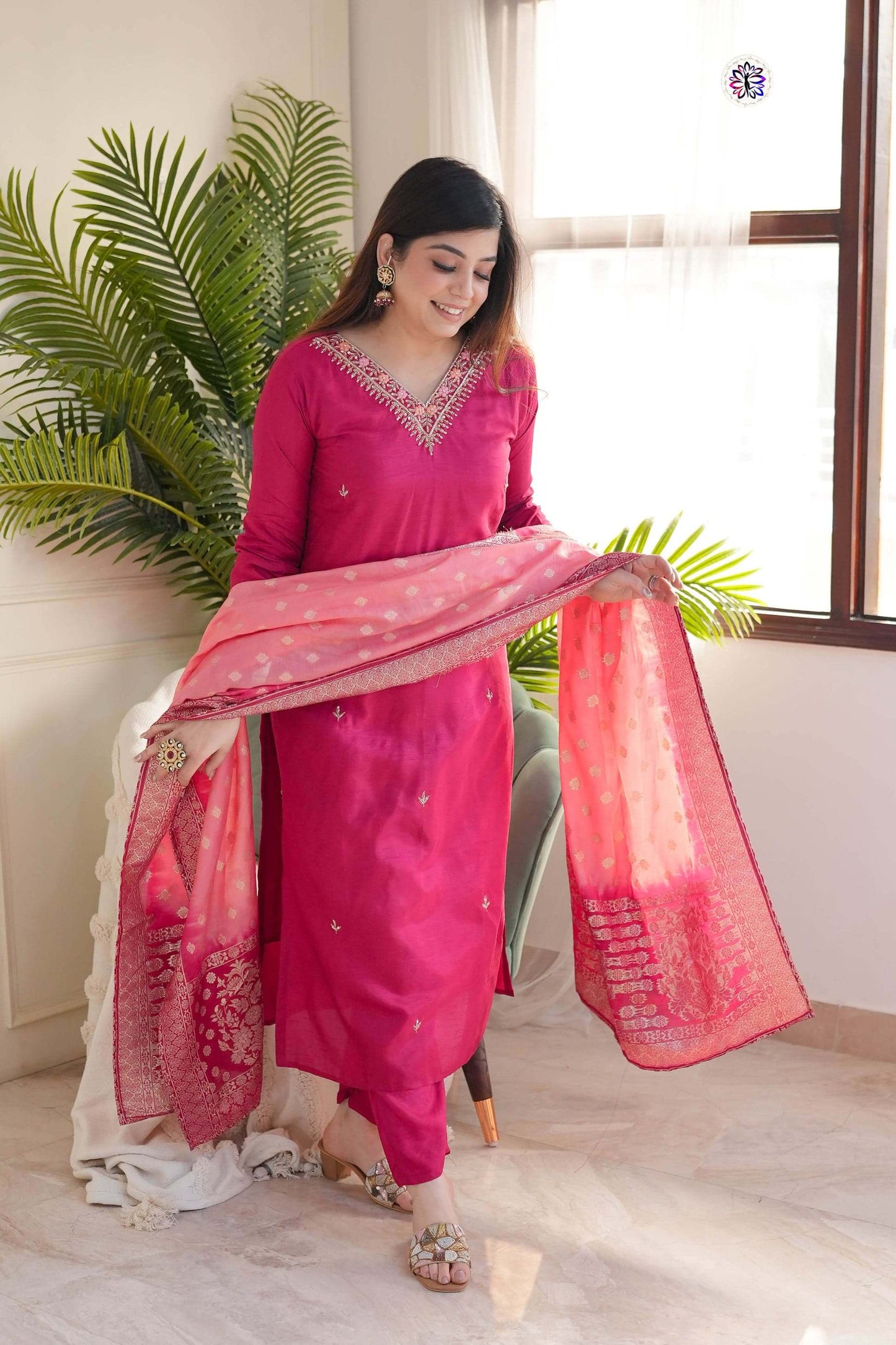 pink vichitra kurti set for women