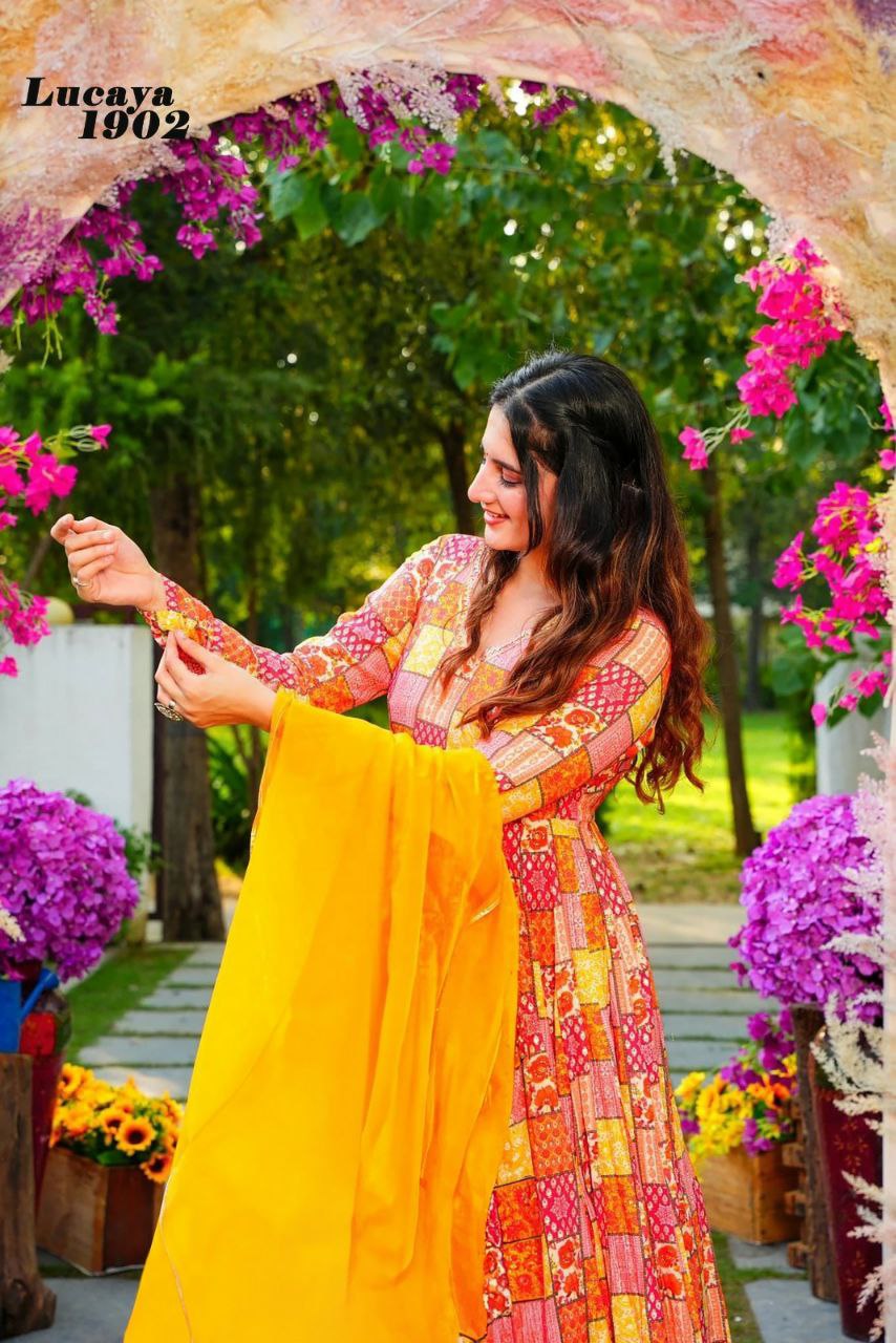 yellow digital printed gown set for women Anarkali set