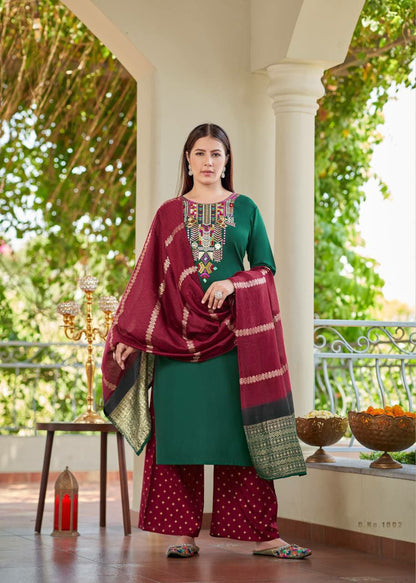 green kurti set for women pink kurti pant dupatta 