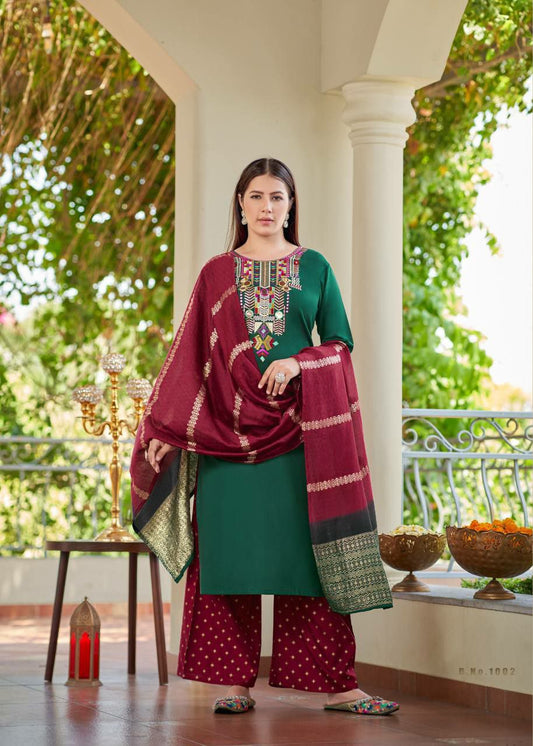 green kurti set for women pink kurti pant dupatta 