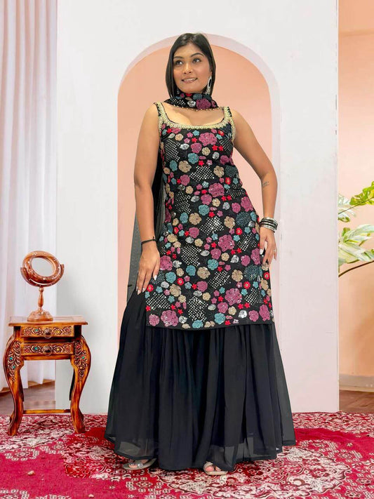 Black Heavy Faux  Sharara Suit for women