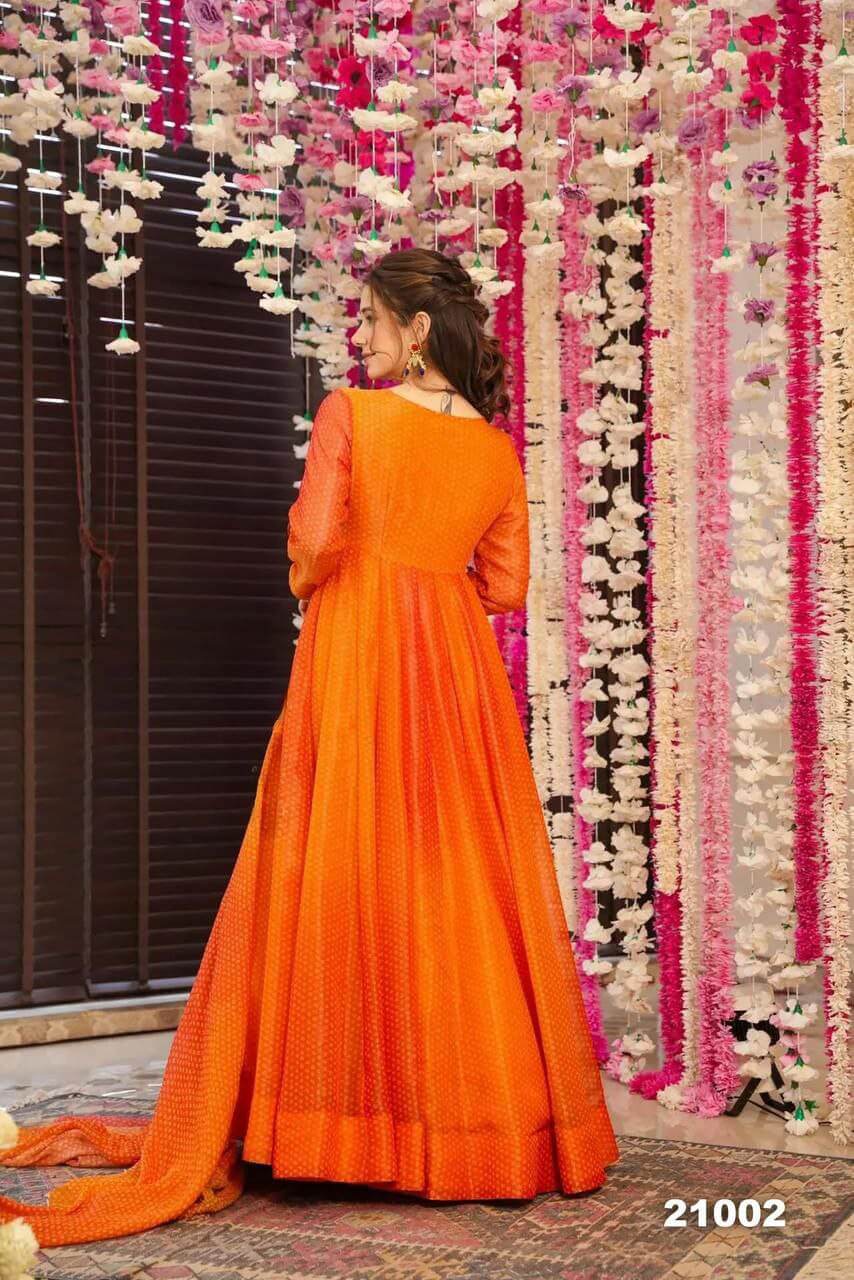 orange gown with dupatta for women tranding gown set