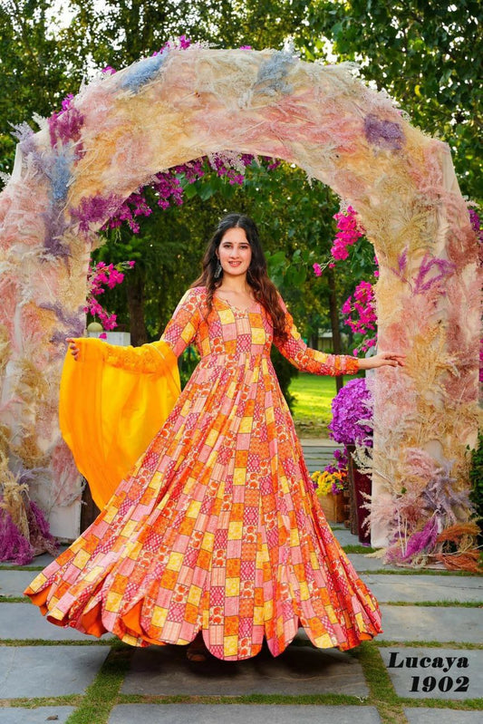 yellow digital printed gown set for women Anarkali set