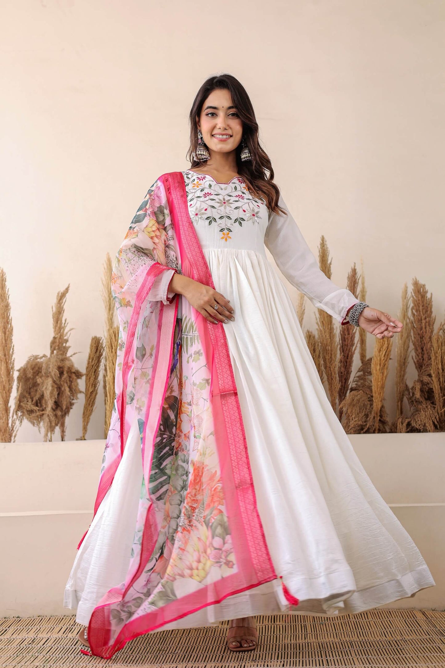 White Sequin Gown with Dupatta for Women