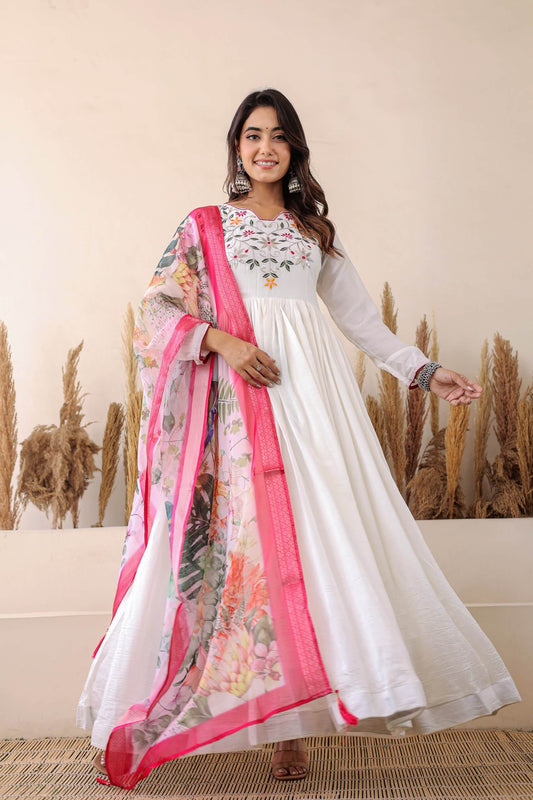 White Sequin Gown with Dupatta for Women