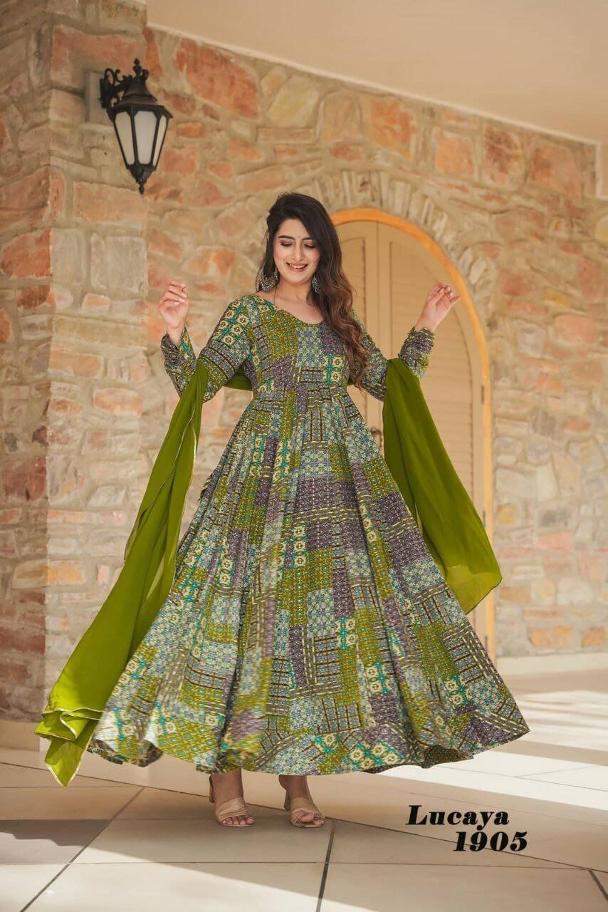 green digital printed gown set for women Anarkali set