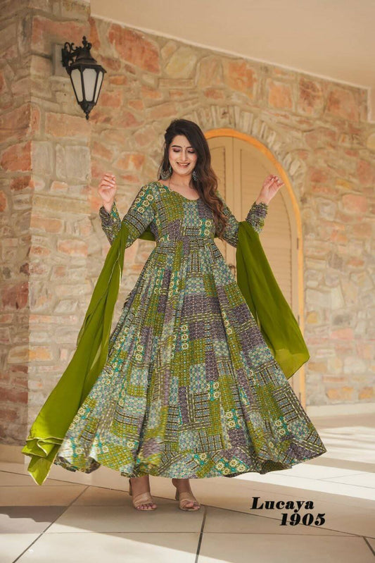 green digital printed gown set for women Anarkali set