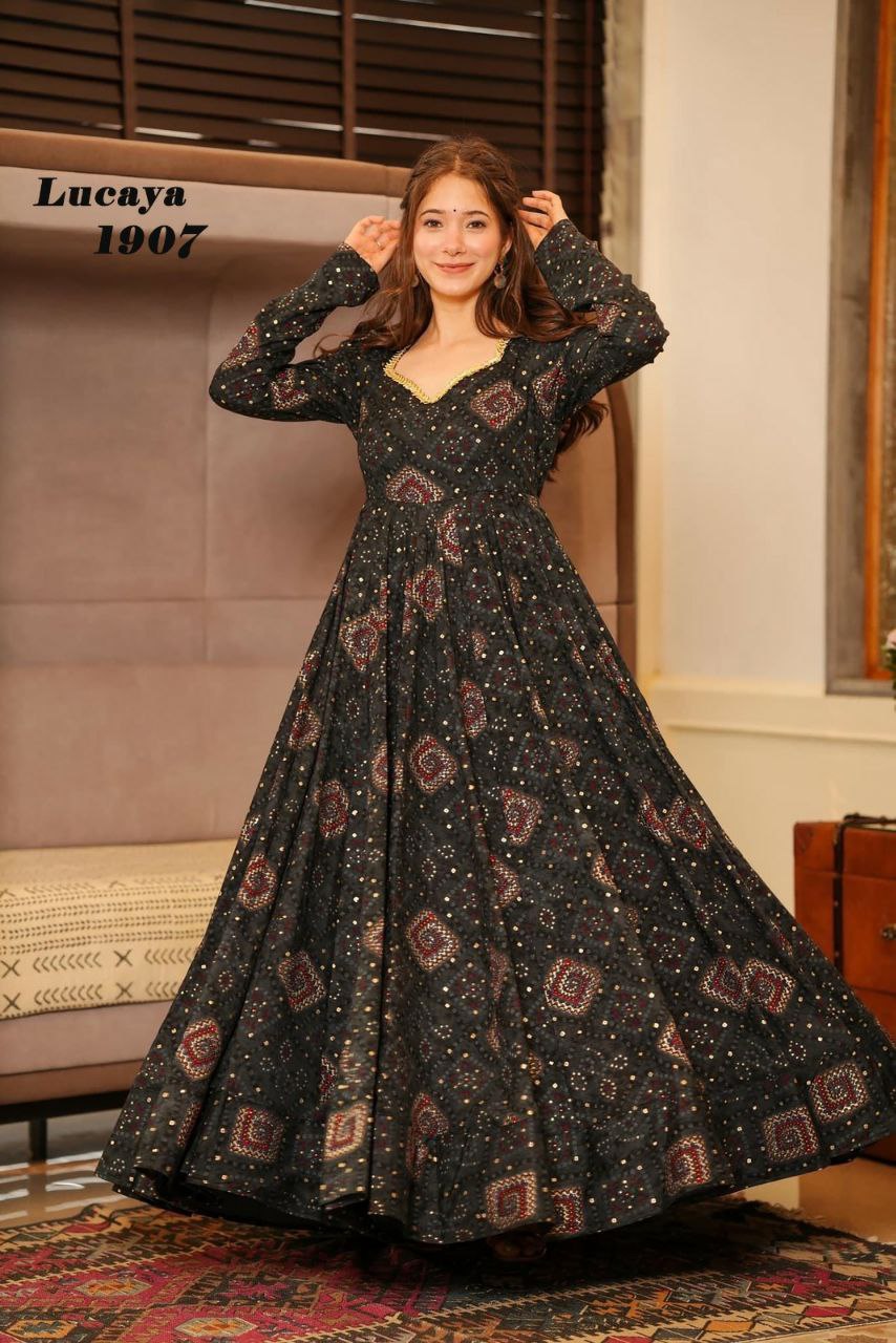 black digital printed gown set for women Anarkali set