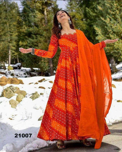 orange gown with dupatta for women tranding gown set
