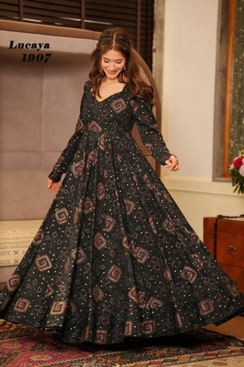 black digital printed gown set for women Anarkali set