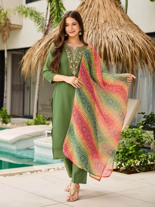 Viscose Rayon Green Kurti Set for Women with Dupatta