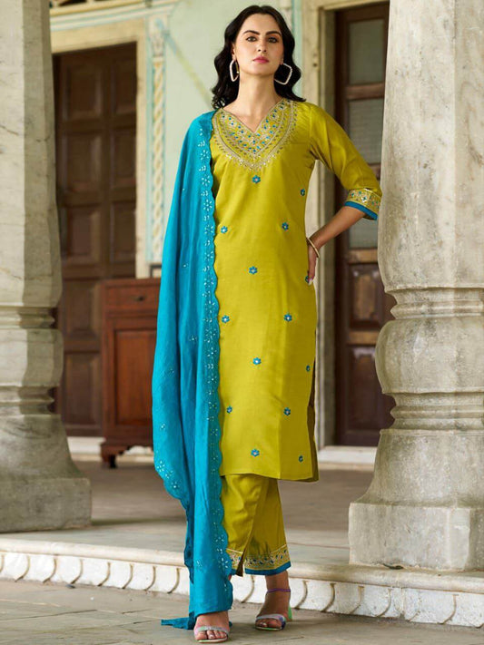 Stylish women's kurti set in yellow with blue dupatta, featuring vertical embroidery, perfect for traditional occasions.