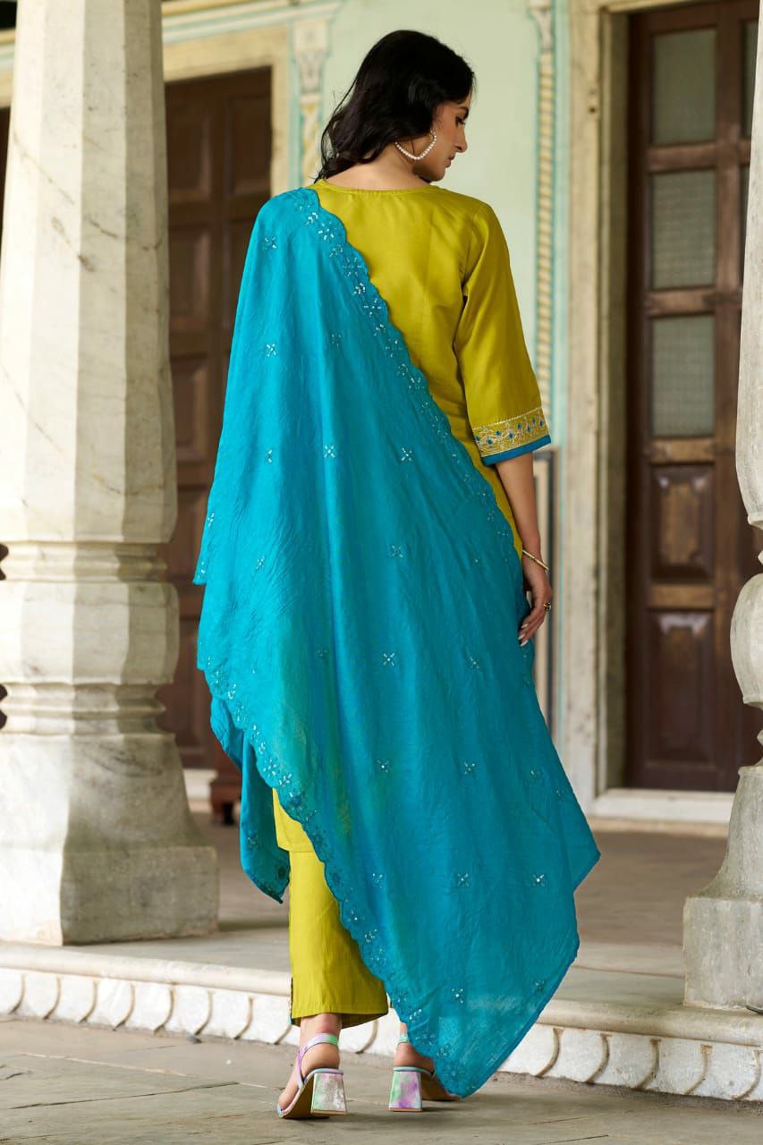 Back view of a woman wearing a kurti set with a turquoise dupatta, showcasing embroidery details.