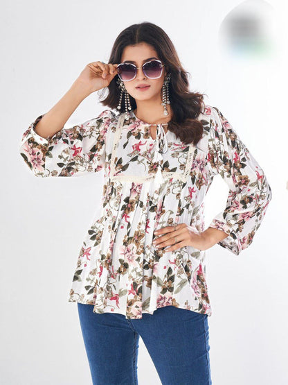 Short Printed top with lace and dori in 4 colors