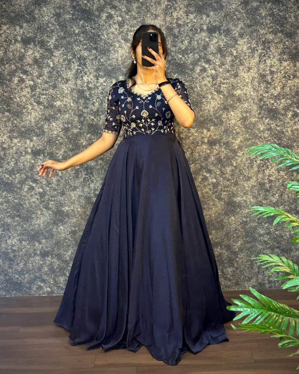silk gown set for women navy blue gown set