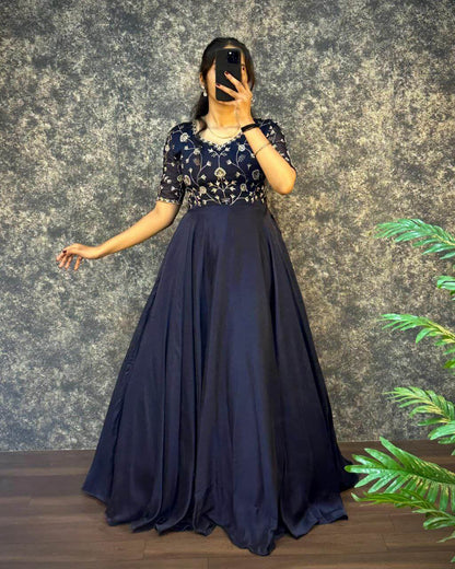 silk gown set for women navy blue gown set