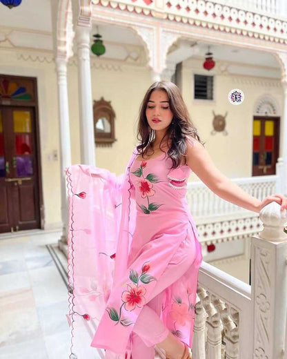 pink kurti set for women kurti pant dupatta set