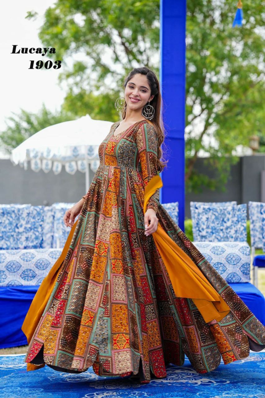 orange digital printed gown set for women Anarkali set
