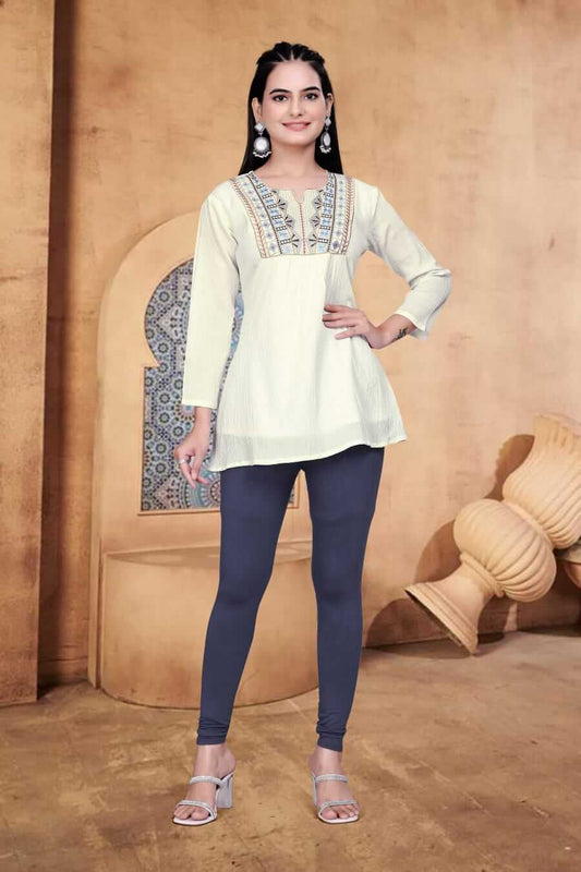 White Latest Embroidery Work Tunic Style Short Kurti for Women