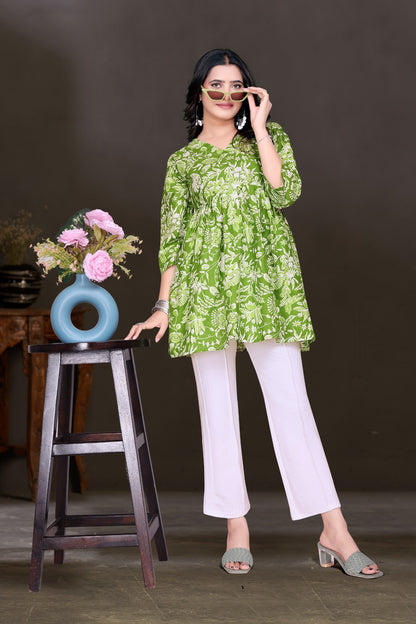 Pure Cotton Relaxed Fit Block Printed Tunic Top With V-Nack&
