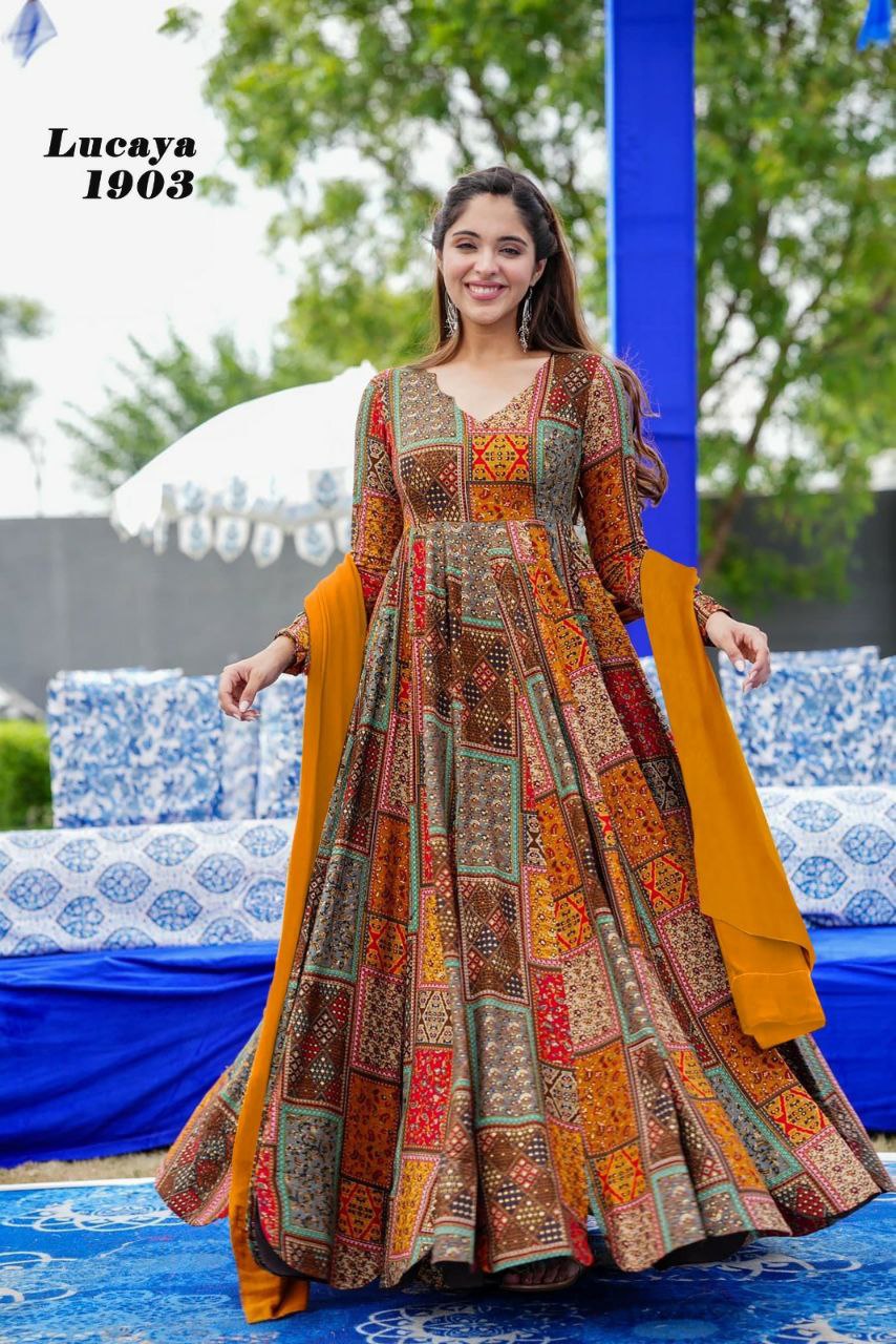 orange digital printed gown set for women Anarkali set