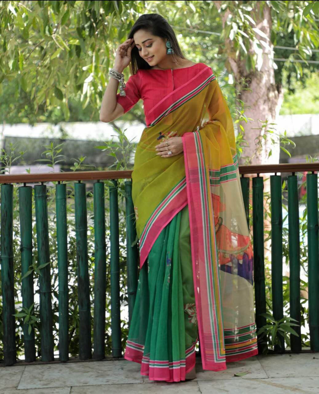 YELLOW & GREEN SAREE FOR WOMEN