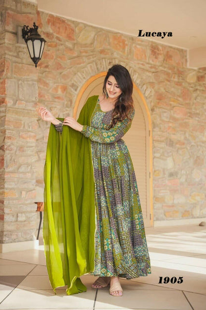 green digital printed gown set for women Anarkali set